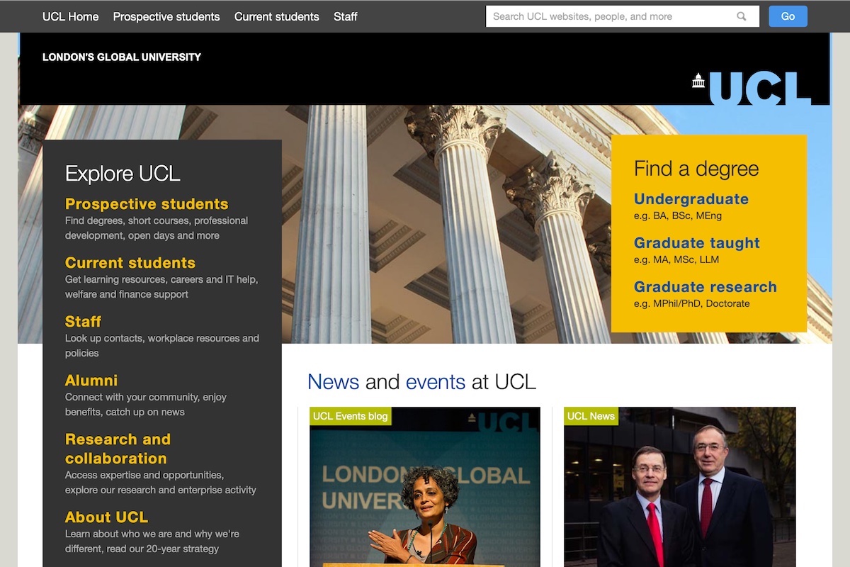 the website homepage for University College of London